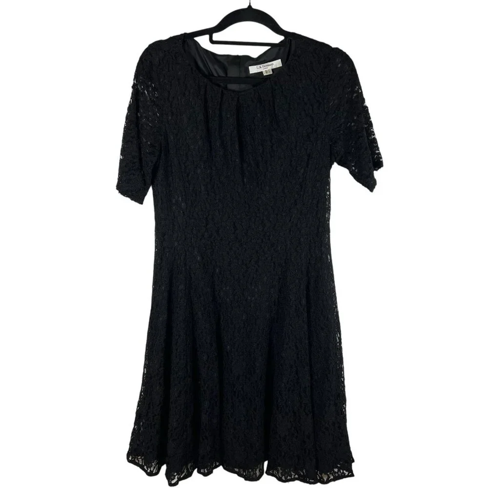 L.K.‎ Bennett Black Lace Short Sleeve Knee Length Sheath Dress Size 10 Designer